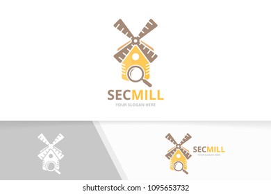 Vector mill and loupe logo combination. Farm and magnifying symbol or icon. Unique windmill and search logotype design template.