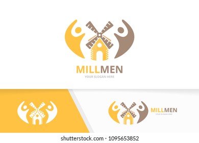 Vector mill and people logo combination. Farm and family symbol or icon. Unique windmill and team logotype design template.
