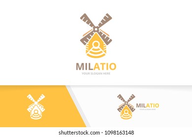 Vector mill and wifi logo combination. Farm and signal symbol or icon. Unique windmill and radio logotype design template.