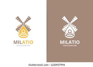 Vector mill and wifi logo combination. Farm and signal symbol or icon. Unique windmill and radio logotype design template.