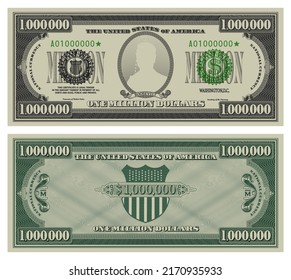 Vector million dollars banknote. Gray obverse and green reverse fictional US paper money in style of vintage american cash. Frame with guilloche mesh and bank seals. Roosevelt