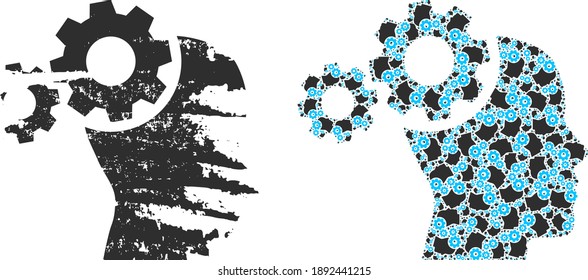 Vector mind gears composition is made of repeating fractal mind gears parts. Rough mind gears icon. Fractal collage of mind gears.