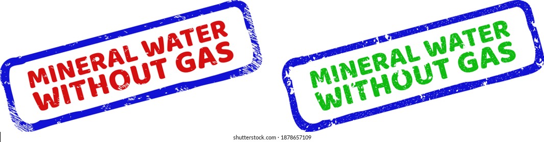 Vektor MINERALWASSER OHNE GAS eingerahmte Aufdrucke mit gerundetem Stil. Rough Bicolor-Rechteck-Dichtstempel. Rot, Blau, Grün.