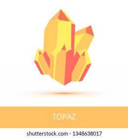 Vector Mineralogy Icon Of A Silicate Mineral Topaz From The Mohs Scale Of Mineral Hardness. Yellow Crystalline Stone Or Gemstone Crystal Isolated On A White Background.