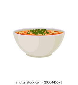 Vector Minestrone Soup Illustration, Pasta Soup, Italian Cuisine, Bowl of Red Soup Isoalteed on White Background.
