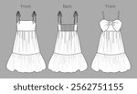 Vector mini bohemian dress fashion CAD, woman flared sleeveless short dress technical drawing, template, sketch, flat, mock up. Jersey or woven fabric mini 2 pcs dress set with front view, white color