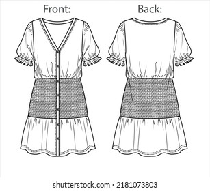 Vector mini bohemian dress fashion CAD, woman flared V neck long dress technical drawing, template, sketch, flat, mock up. Jersey or woven fabric short dress with front, back view, white color