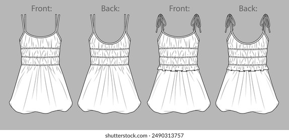 Vector mini bohemian dress fashion CAD, woman flared round neck short dress technical drawing, template, sketch, flat, mock up. Jersey or woven fabric mini 2 pcs dress with front view, white color