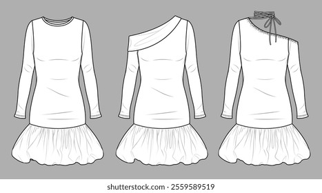 Vector mini bohemian dress fashion CAD, woman flared off shoulder short dress technical drawing, template, sketch, flat, mock up. Jersey or woven fabric mini 3 pcs dress with front view, white color