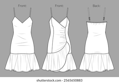 Vector mini bohemian dress fashion CAD, woman flared strapless short dress technical drawing, template, sketch, flat, mock up. Jersey or woven fabric mini 2 pcs dress with front view, white color