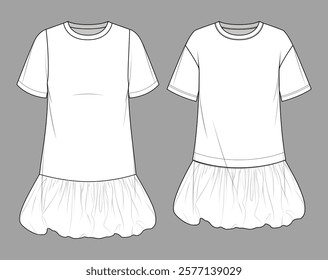 Vector mini bohemian dress fashion CAD, woman flared short tee dress technical drawing, template, sketch, flat, mock up.Jersey or woven fabric mini 2 pcs set T-shirt dress with front view, white color