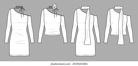 Vector mini bohemian dress with scarf fashion CAD, woman off shoulder blouse technical drawing, template, sketch, flat, mock up. Jersey or woven fabric top and dress set with front view, white color