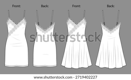 Vector mini bohemian slip dress with lace trim fashion CAD, woman flared V-neck long dress technical drawing, template, sketch, flat, mock up. Jersey or woven fabric mini 2 pcs dress with front view, white color