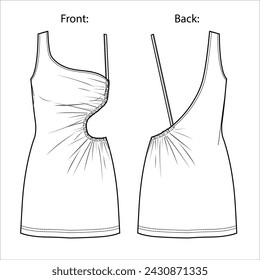 Vector mini dress fashion CAD, woman bodycon sleeveless dress technical drawing, slim fit one shoulder dress with volant template, sketch, flat. Jersey  fabric dress with front, back view, white