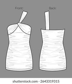 Vetor mini vestido moda CAD, mulher bodycon vestido sem mangas desenho técnico, ajuste fino com modelo de vestido sem alças, esboço, plano. Vestido de tecido Jersey com frente, vista traseira, cor branca