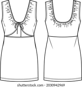 Dibujo técnico de minivestido vectorial, vestido corto de verano con detalles ahumados CAD, vestido sin mangas de mujer con boceto de cuello V, plantilla. Ropa de tela Jersey o trenzada con vista frontal, trasera, blanca