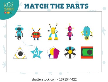 Vector mini game sheet with cute robots. Education illustration for preschool children. Set of robotic characters