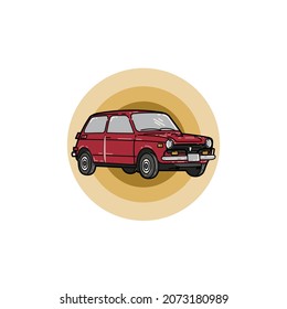 Vector mini old red car with circle background, Vector illustration. perfect for logo