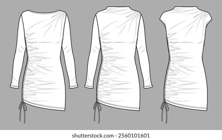 Vector mini party dress with drawstring fashion CAD, woman sleeveless night dress technical drawing, template, sketch, flat, mock up. Jersey or woven fabric 3 pieces set with front view, white color