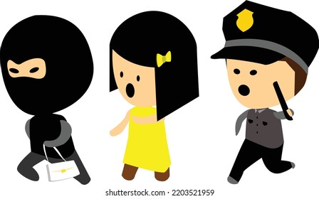 Vector mini people icon set. Icon set of robbery: thief, woman, and police. Able to be included in your design