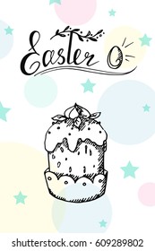 Vector mini poster on a theme of a holiday of Easter. Easter cake. It is made in the form of a sketch, suitable for postcards, tags. All objects are isolated.