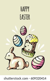 Vector mini poster on a theme of a holiday of Easter. Composition of eggs, rabbit and cake. It is executed in the form of a sketch. Suitable for design tags. All objects are isolated