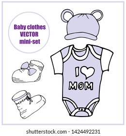 Vector mini set of baby clothes. Headgear, pajamas, booties. Isolated on white background. For children's books, cards, scrabbooking, design
