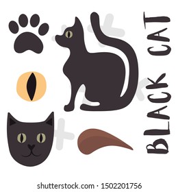 Vector mini set of black cat, paw, claw on a white background for Halloween cards and posters.