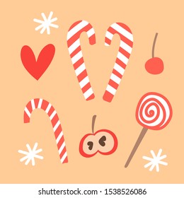 Vector mini set of Christmas and New Year elements with sugar cane and apples. Hand drawn illustrations for design of cards, posters, gift wrapping.