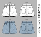 Vector mini short with sparkling rhinestones fashion CAD, denim woman short with hot fix sketch, template, flat, technical drawing. Woven cotton fabric 5-pocket short, front, back view, white color