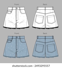 Vector mini short with sparkling rhinestones fashion CAD, denim woman short with hot fix sketch, template, flat, technical drawing. Woven cotton fabric 5-pocket short, front, back view, white color