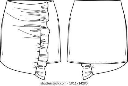 Vector Mini Skirt Fashion CAD,
Wrapped Woman Skirt With Frill Detail Sketch, Template, Flat, Technical Drawing. Jersey Or Woven Fabric Top With Front, Back View, White Color