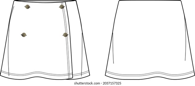 Vector mini skirt fashion CAD, wrapped woman skirt with button detail sketch, template, flat, technical drawing. Jersey or woven fabric skirt with front, back view, white color