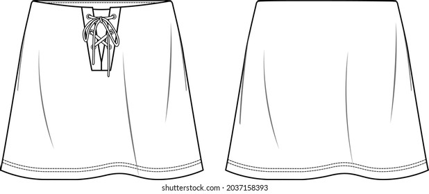 Vector mini skirt fashion CAD, woman a shape skirt with eyelets detail sketch, template, flat, technical drawing. Jersey or woven fabric skirt with front, back view, white color