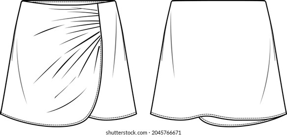 Vector mini skirt fashion CAD, wrapped woman skirt with frill detail sketch, template, flat, technical drawing. Jersey or woven fabric skirt with front, back view, white color