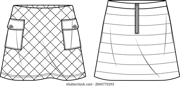 Vector mini skirt fashion CAD, woman skirt with side pockets and quilted fabric sketch, template, flat, technical drawing. Jersey or woven fabric skirt with front, back view, white color
