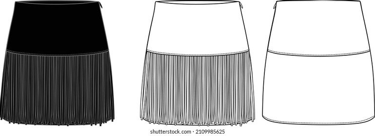 Vector mini skirt fashion CAD, woman fringe detailed skirt technical drawing, sketch, template, flat. Jersey or woven fabric skirt with front, back view, white color