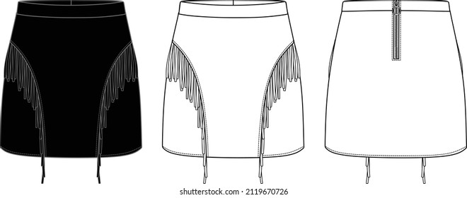 Vector mini skirt fashion CAD, woman fringe detailed skirt technical drawing, sketch, template, flat. Jersey, woven fabric, leather or suede skirt with front, back view, white color