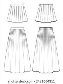 Vector mini skirt fashion CAD, woman maxi skirt with pleats detail sketch, template, flat, technical drawing. Jersey or woven fabric 4 pieces set of skirt with front, back view, white color