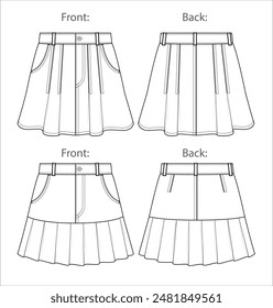 Vector mini skirt fashion CAD, woman short skirt with pleats detail sketch, template, flat, technical drawing. Jersey or woven fabric 2 pieces set of skirt with front, back view, white color