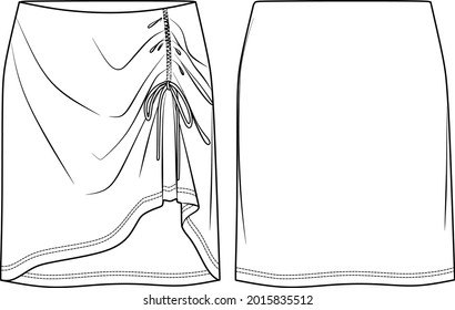 Vector mini skirt with gathered detail fashion CAD, woman jersey or woven fabric  skirt with bow technical drawing, flat, sketch, mock up, template. Front back view, white color