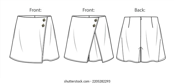 Vector mini skirt short fashion, wrapped woman skort with elasticized waistband sketch, template, flat, technical drawing. Jersey or woven fabric skirt template set with front, back view, white color