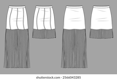 Vector mini skirt with tassel trim fashion CAD, summer woman slim fit skirt with fringe technical drawing, template, flat, sketch. Suede or woven fabric color block 2 pcs set skirt in white color