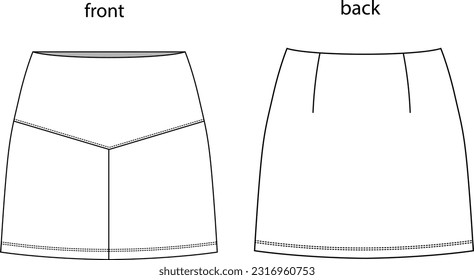 Vector Mini Skirt technical fashion drawing. Girl's Skirt fashion flat sketch template, mini lengths, front, back view, CAD mockup set.