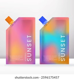 Vector Mini Travel Essential Toiletries, shampoo, bath soap, shampoo, conditioner Screw Cap Packet or sachet with sunset gradient colors