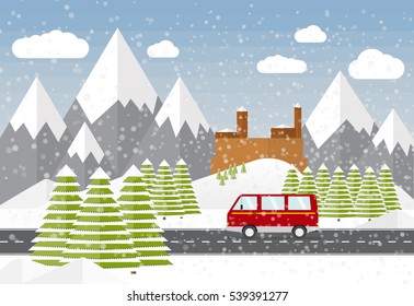 Vector minibus car, fir trees, mountains, castle, flat illustration. Winter beautiful scene, mountain road trip under snowfall. 
