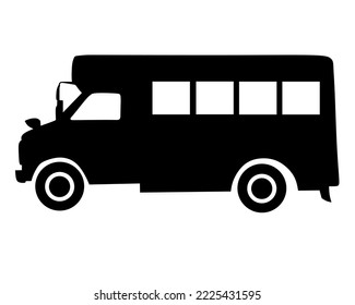 Vector of minibus, van, minivan, bus silhouette isolated on white background. Monochrome illustration of transportation. Travel and recreation.