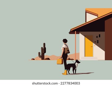 Vector minimal art landscape, woman and dog near a house