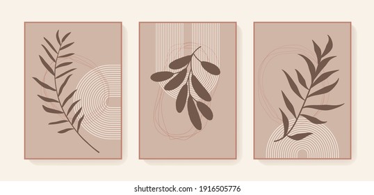 Impresiones exóticas del vector mínimo de tríptico boho. Afiches botánicos feministas tropicales bohemias. Decoración casera de arte mural estilo boho. Colores neutros en el tono de la Tierra. Huellas de pared de diseño escandinavo