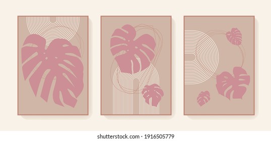 Vector minimalista de huellas de monstera exótica de tríptico boho. Afiches botánicos feministas tropicales bohemias. Decoración casera de arte mural estilo boho. Colores neutros en el tono de la Tierra. Huellas de pared de diseño escandinavo